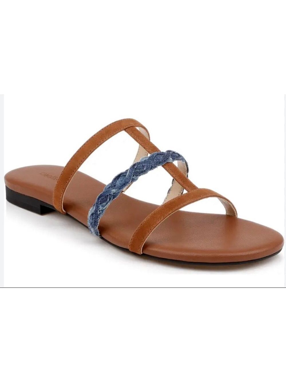 New L'Agence Hennie Slide Sandals in Brown with Blue Denim Accents 6 Sold Out!
